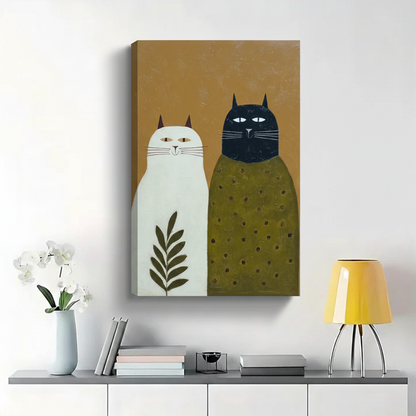 White and Black Cat Duo Wall Art - Modern Folk Art Canvas Print