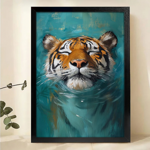 Swimming Tiger Canvas Wall Art - Turquoise Water Animal Print