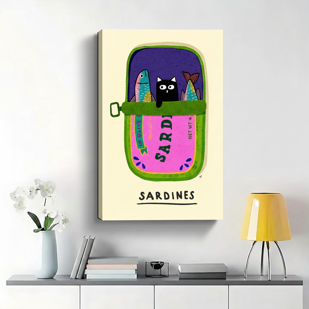 Black Cat in Sardine Can Wall Art - Colorful Funny Illustrated Canvas Print