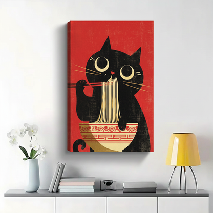Black Cat Eating Ramen Wall Art - Retro Japanese Poster Canvas Print
