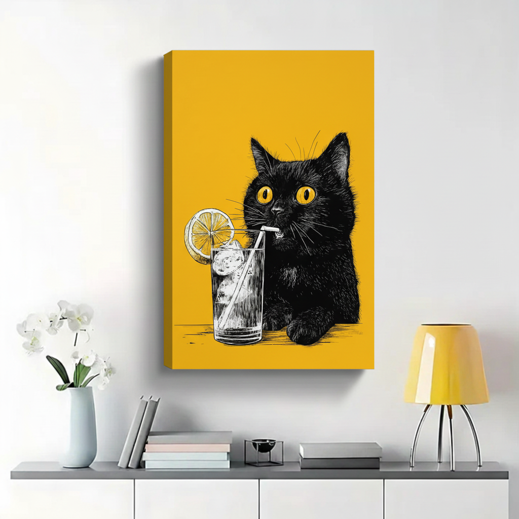 Black Cat Drinking Lemonade Wall Art - Funny Yellow Canvas Print