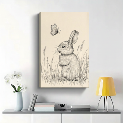 Bunny Watching Butterfly in Meadow Wall Art - Pencil Sketch Canvas Print