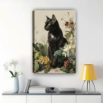 Black Cat Among Botanical Flowers Wall Art - Vintage Floral Canvas Print