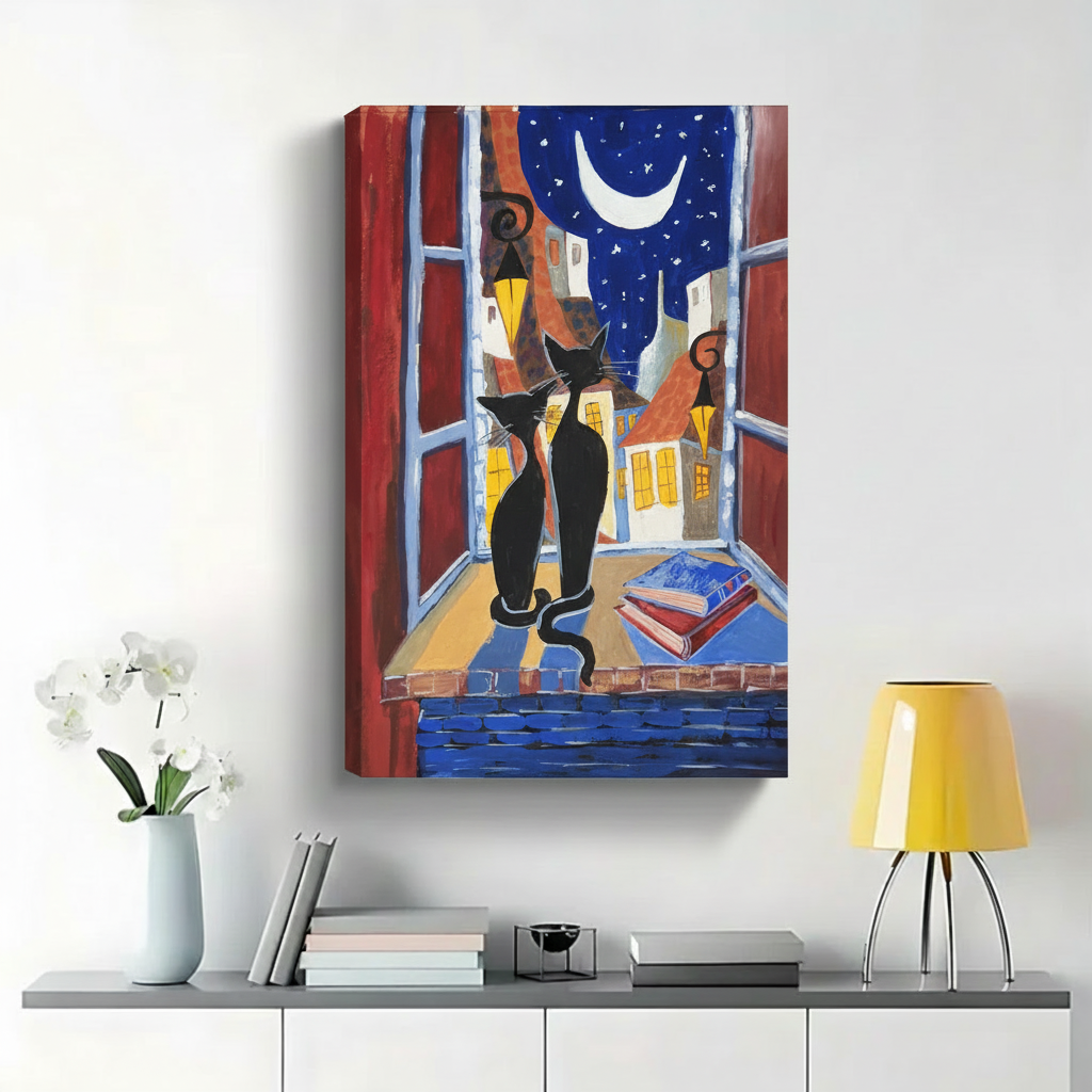 Two Black Cats on Moonlit Window Sill Wall Art - Romantic Colorful Oil Painting Canvas Print