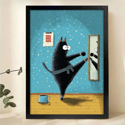 Karate Cat with Googly Eyes - Funny Black Cat Canvas Wall Art