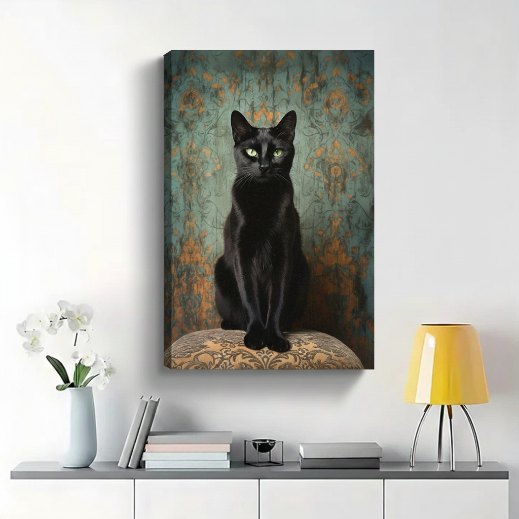 Regal Black Cat Portrait Wall Art - Vintage Damask Background Canvas Print