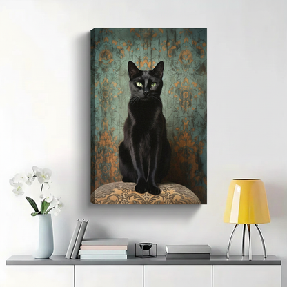 Regal Black Cat Portrait Wall Art - Vintage Damask Background Canvas Print