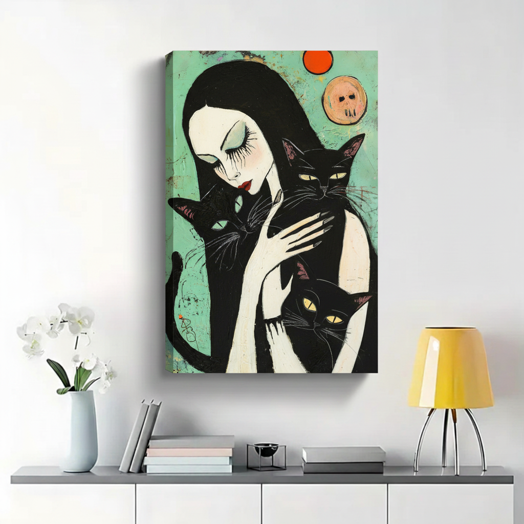 Gothic Witch with Three Black Cats Wall Art - Expressionist Canvas Print