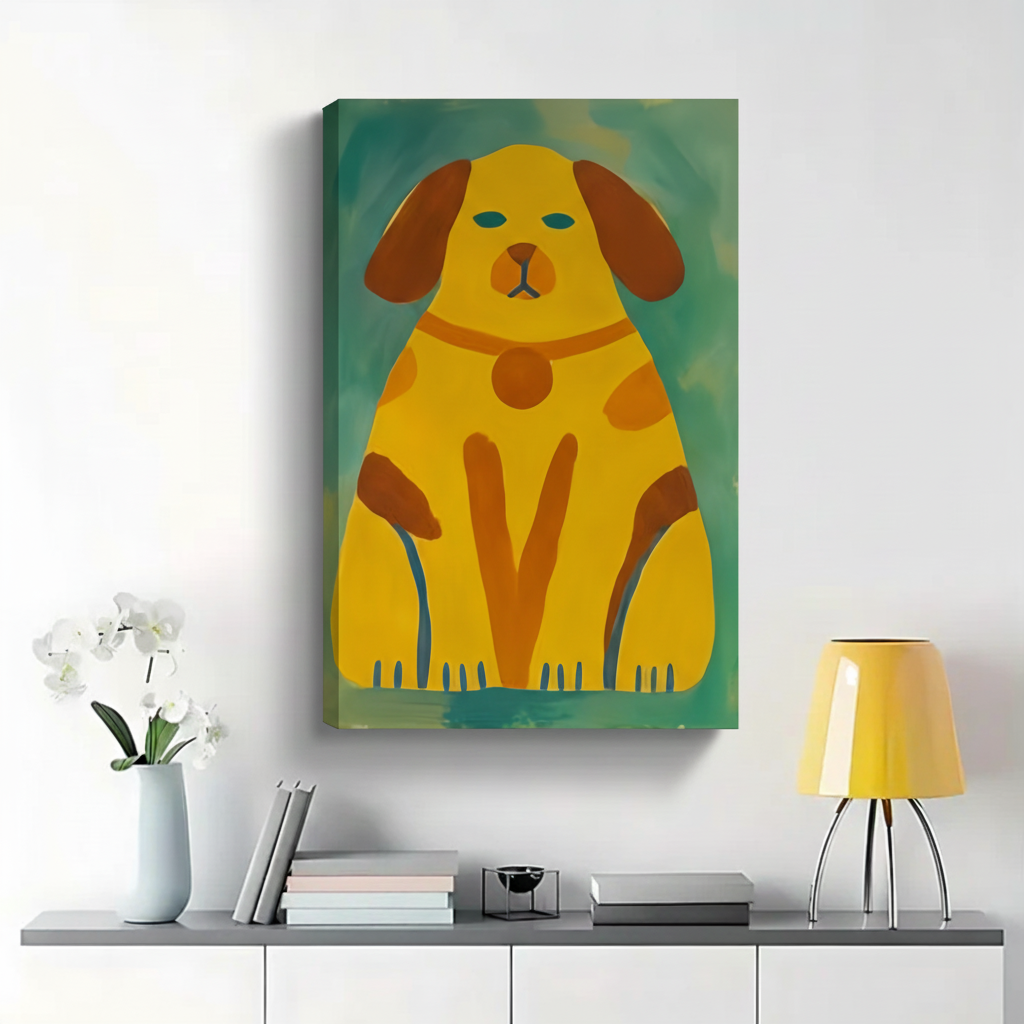 Abstract Yellow Dog on Teal Wall Art - Modern Folk Art Canvas Print