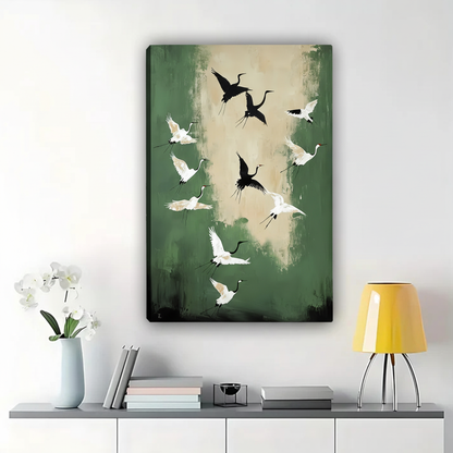 Flying Cranes on Green Wall Art - Elegant Bird Canvas Print