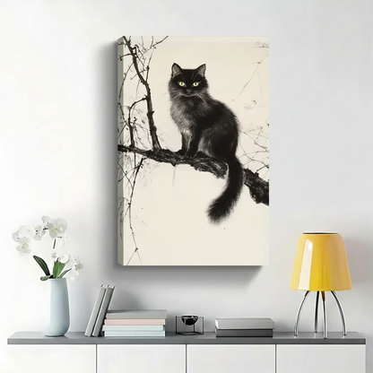 Fluffy Black Cat on Bare Branch Wall Art - Dark Moody Ink Drawing Canvas Print