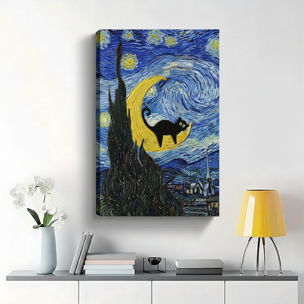 Black Cat on Crescent Moon Van Gogh Starry Night Wall Art - Funny Art Canvas Print