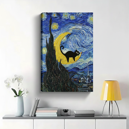 Black Cat on Crescent Moon Van Gogh Starry Night Wall Art - Funny Art Canvas Print