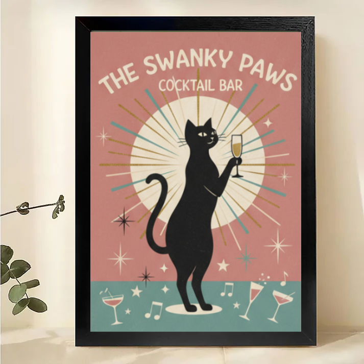 Retro Cat Cocktail Bar Art - Mid-Century Modern Wall Decor Canvas Wall Art
