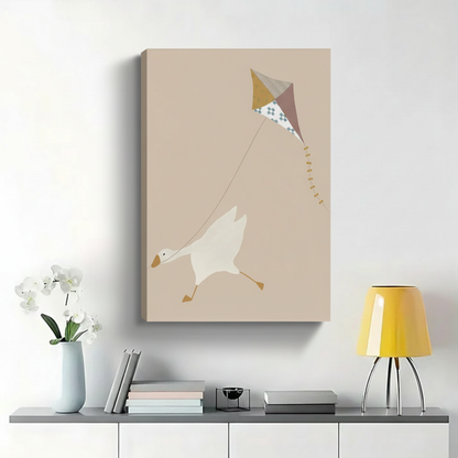 Goose Flying a Kite Wall Art - Whimsical Minimalist Nursery Canvas Print