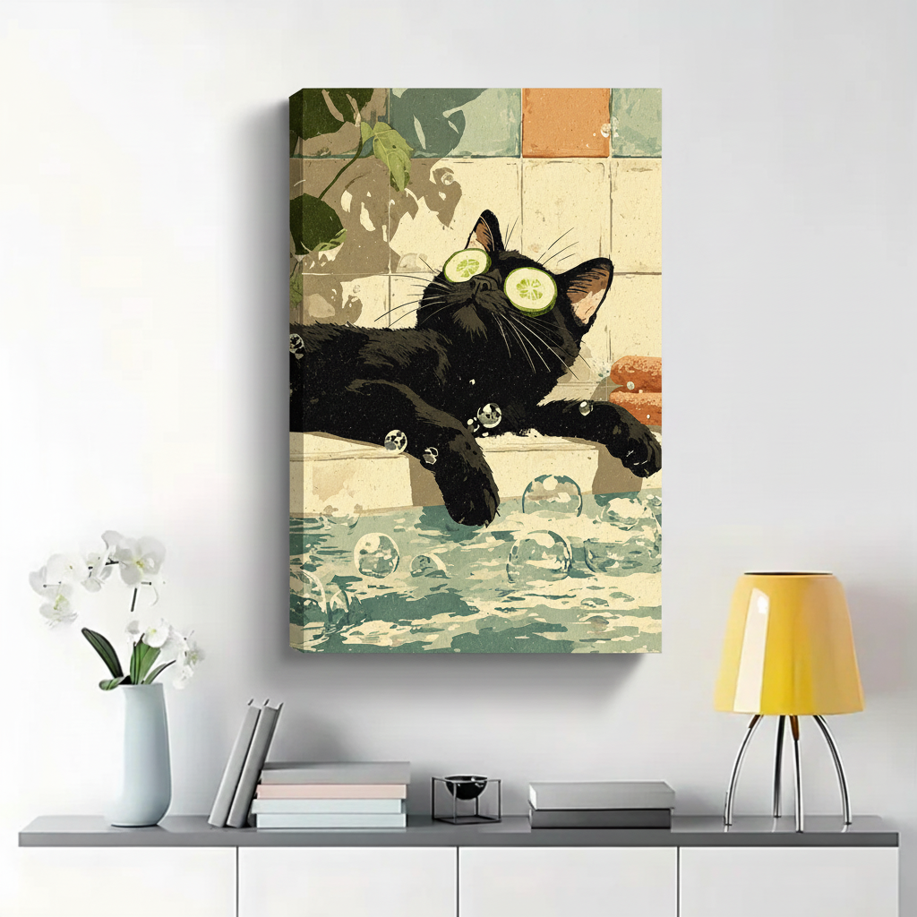 Black Cat Spa Day with Cucumber Eyes in Bubble Bath Wall Art - Funny Canvas Print