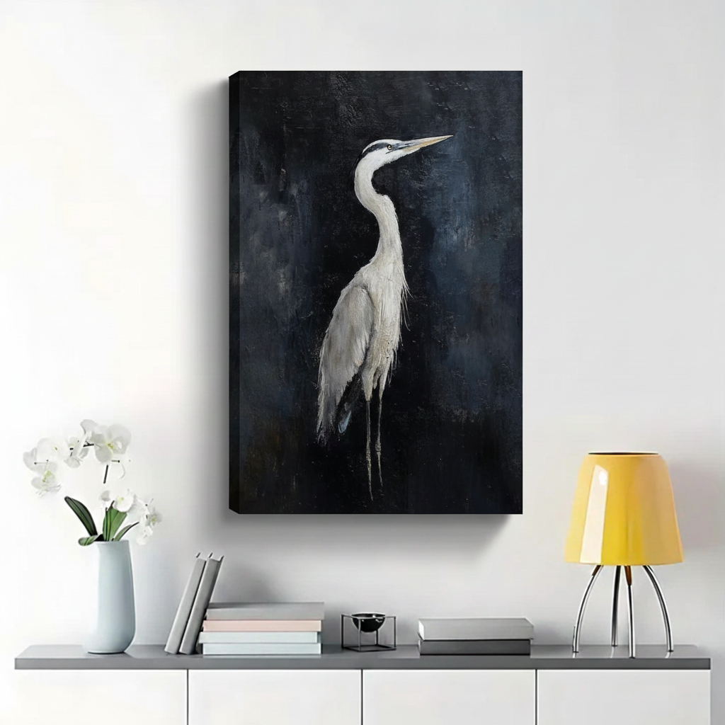 Great Blue Heron Portrait Wall Art - Dark Moody Textured Oil Painting Canvas Print