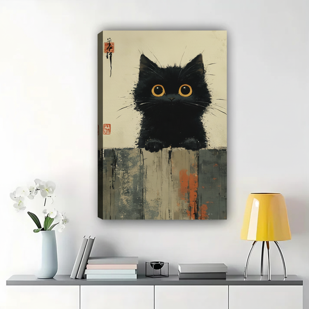 Curious Black Cat Peeking Over Wall Art - Ink Brush Style Canvas Print