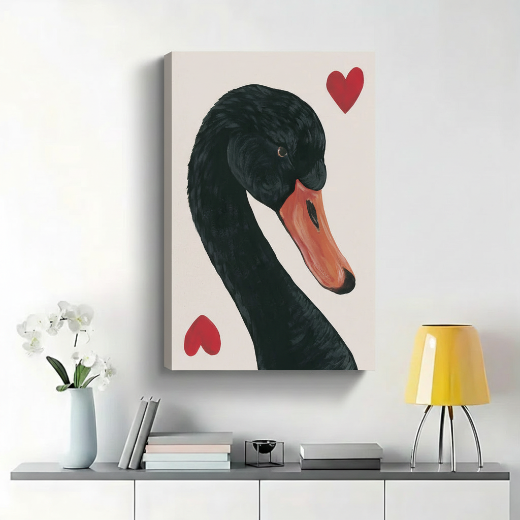 Black Swan with Red Hearts Wall Art - Elegant Romantic Canvas Print