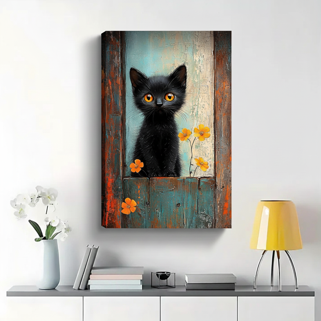 Black Kitten in Rustic Window with Orange Flowers Wall Art - Textured Oil Painting Canvas Print