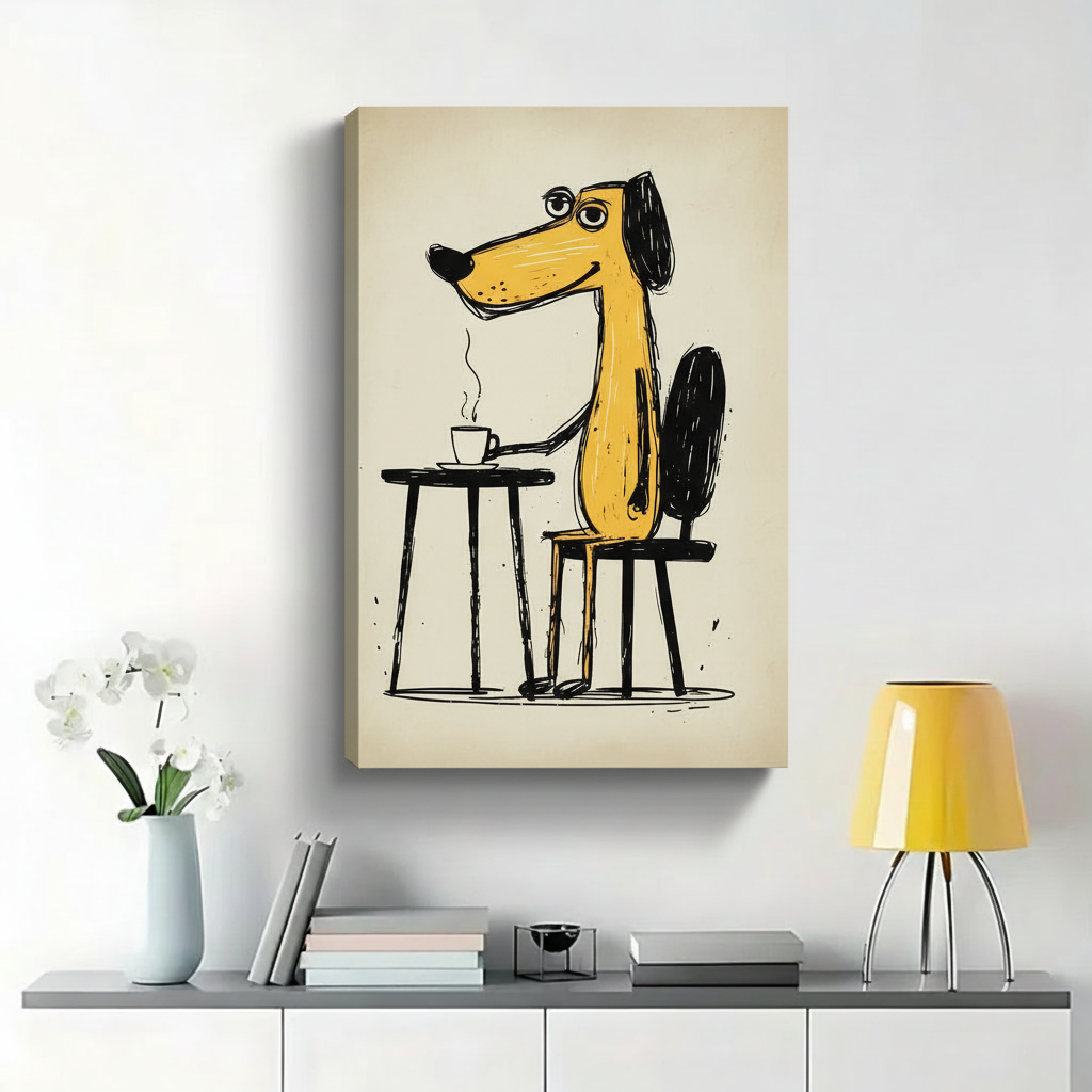 Yellow Dog Drinking Coffee Wall Art - Funny Cartoon Illustrated Canvas Print