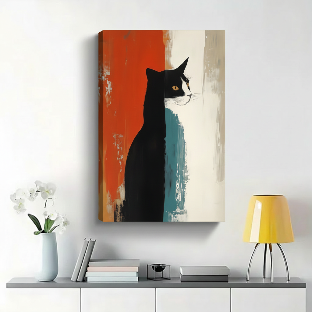 Tuxedo Cat on Abstract Brushstroke Wall Art - Modern Minimalist Canvas Print