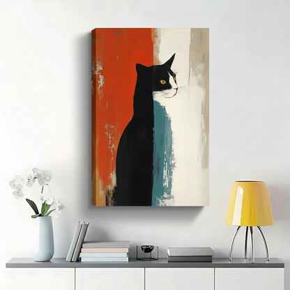 Tuxedo Cat on Abstract Brushstroke Wall Art - Modern Minimalist Canvas Print