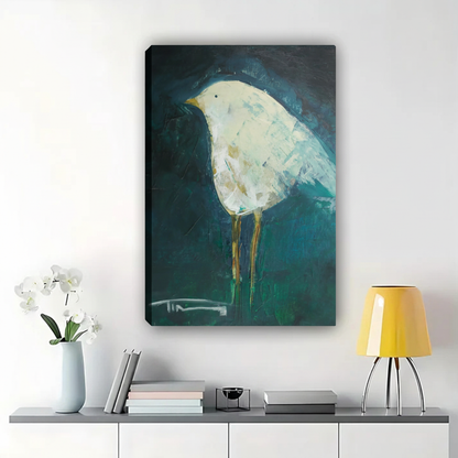White Bird on Teal Background Wall Art - Abstract Oil Painting Canvas Print
