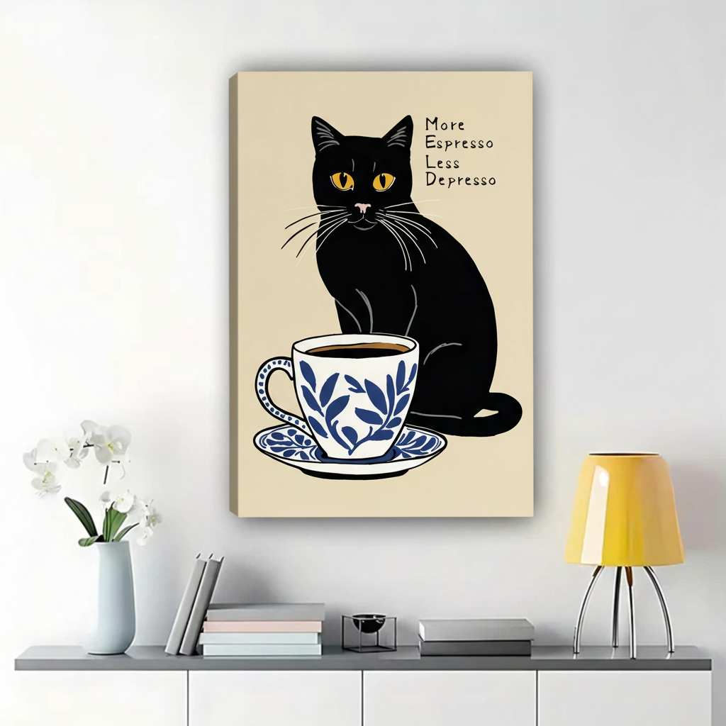 More Espresso Less Depresso Black Cat Wall Art - Funny Coffee Canvas Print