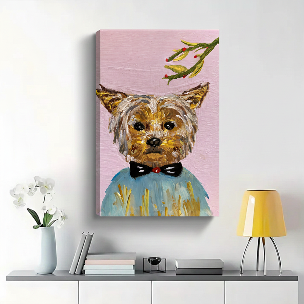 Yorkshire Terrier in Blue Sweater with Mistletoe Wall Art - Textured Oil Painting Canvas Print