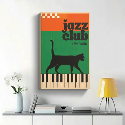 Jazz Club New York Black Cat Piano Wall Art - Retro Vintage Poster Canvas Print