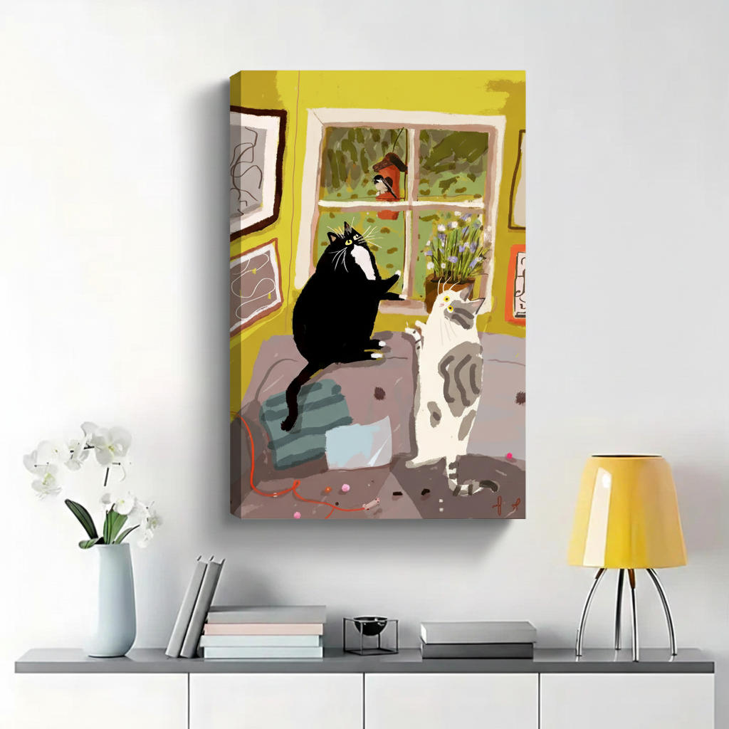 Two Cats Watching Bird by Window Wall Art - Cozy Illustrated Canvas Print