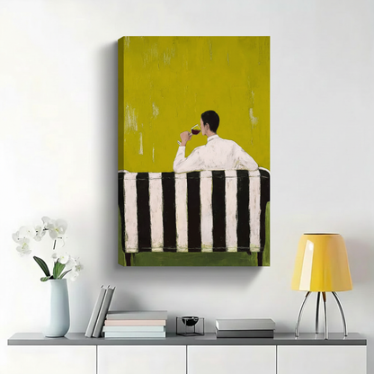 Man Drinking Red Wine on Striped Sofa Wall Art - Moody Textured Oil Painting Canvas Print