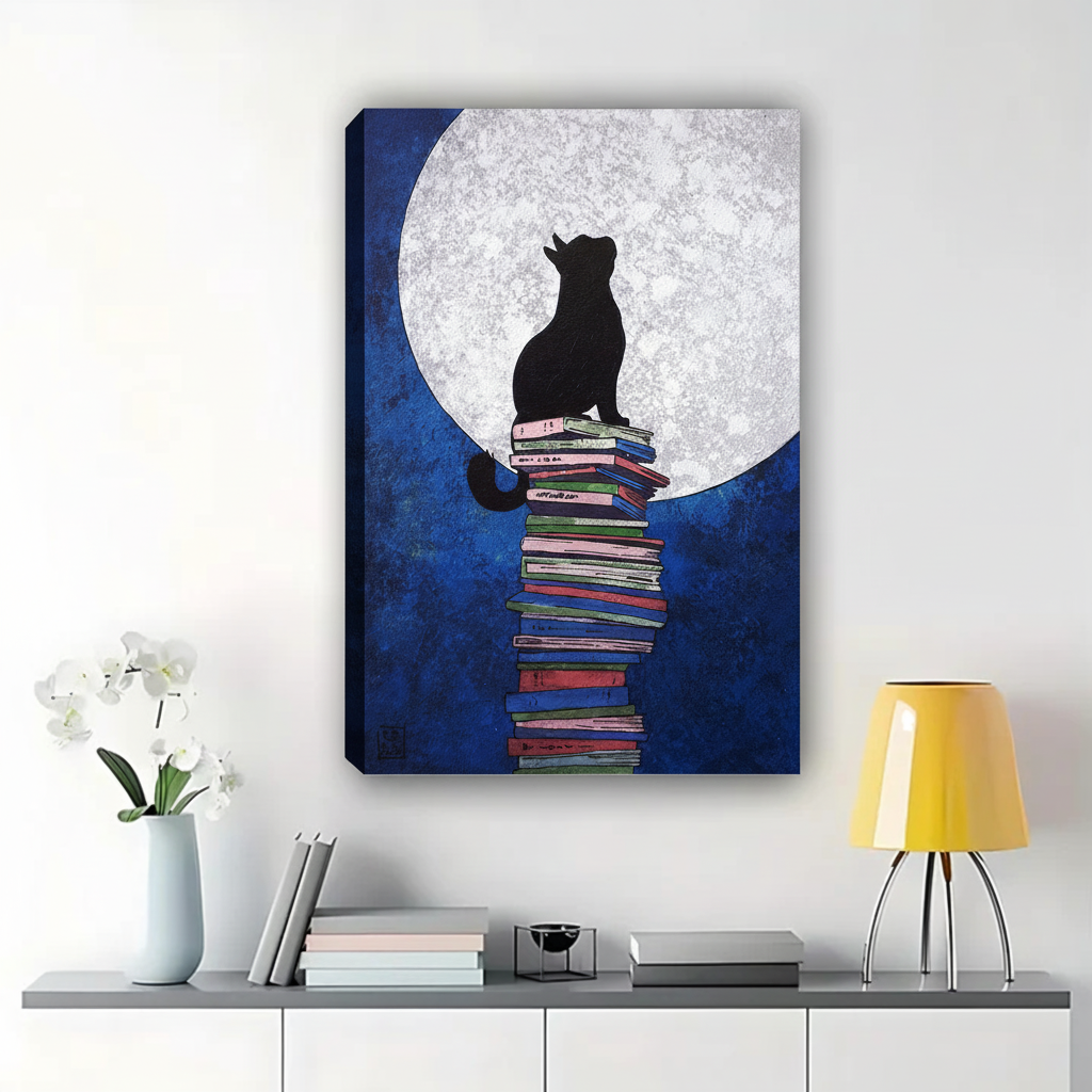 Black Cat on Stack of Books Under Full Moon Wall Art - Canvas Print