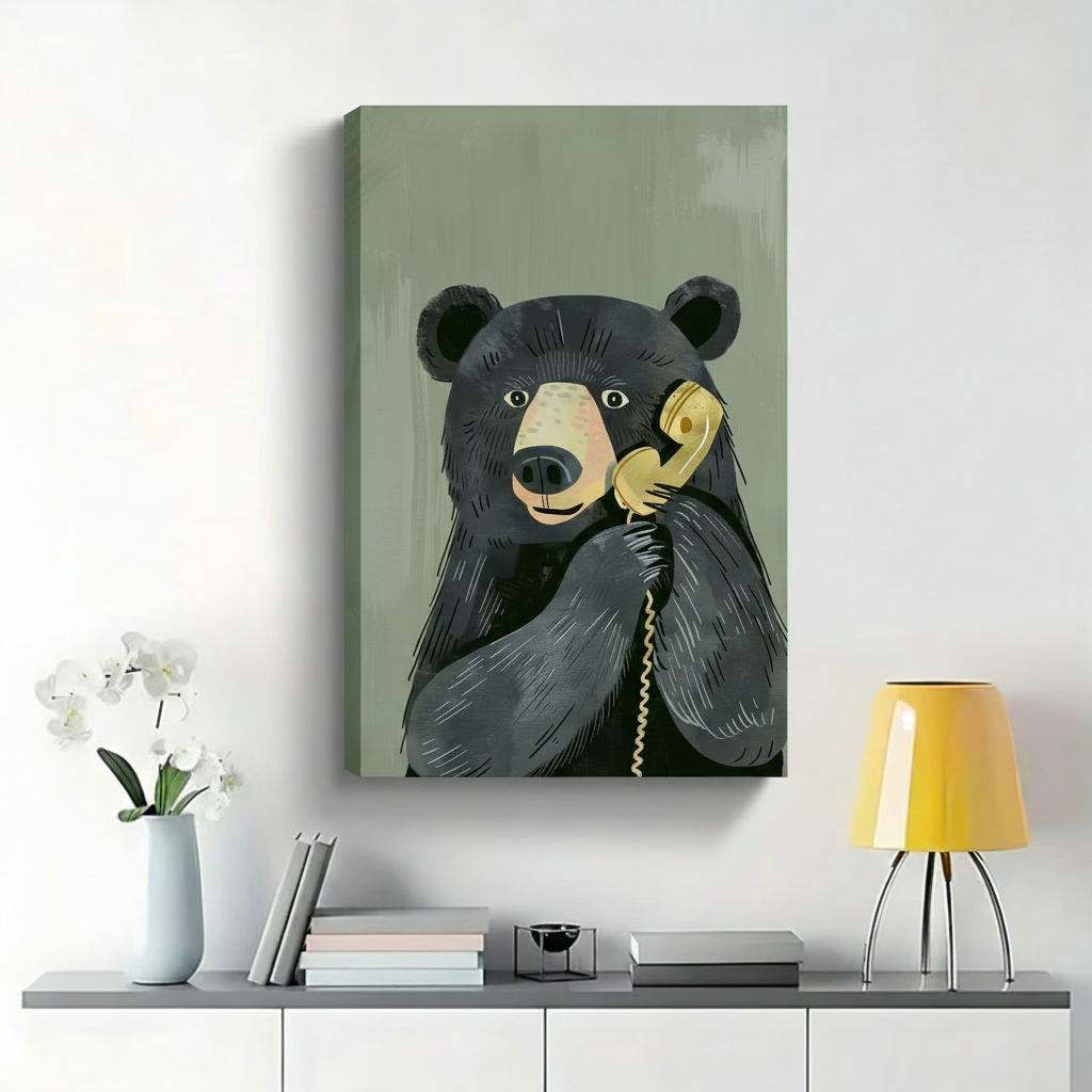 Black Bear Talking on Vintage Phone Wall Art - Funny Animal Canvas Print