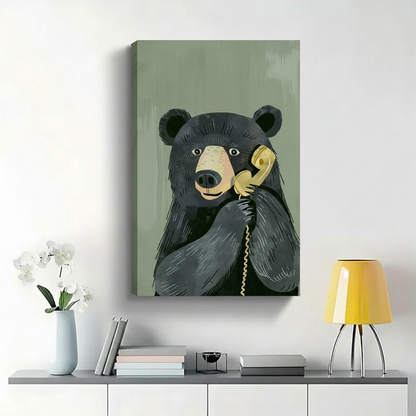 Black Bear Talking on Vintage Phone Wall Art - Funny Animal Canvas Print