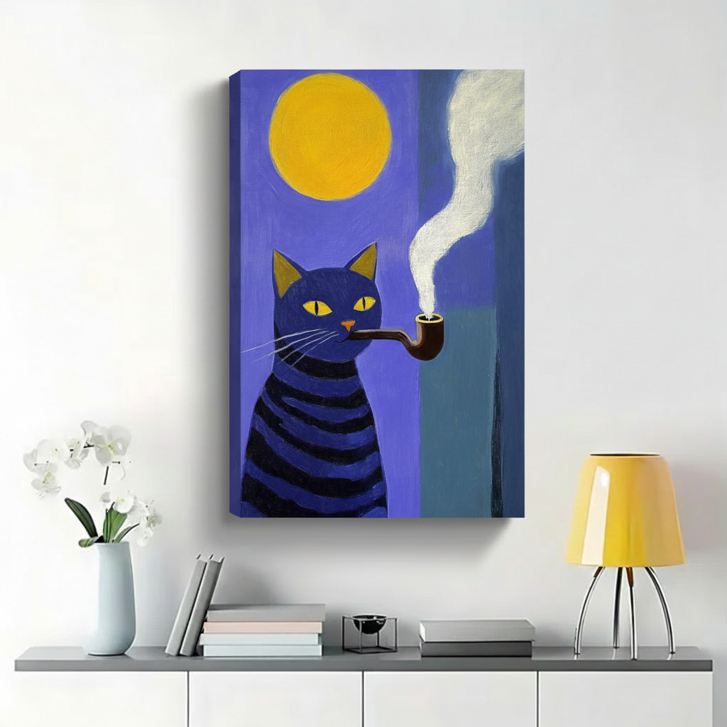 Blue Striped Cat Smoking Pipe Under Full Moon Wall Art - Bold Folk Art Canvas Print