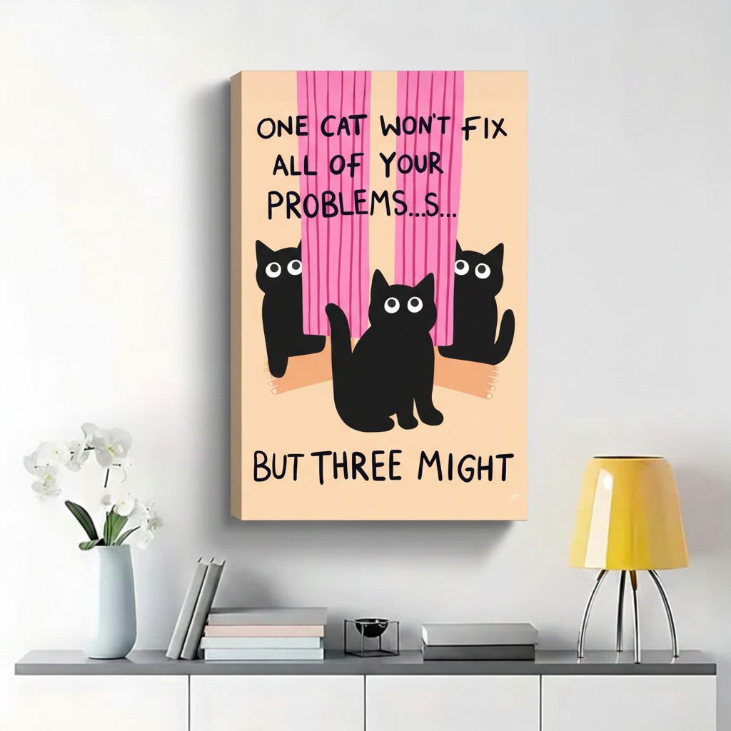 One Cat Won't Fix Your Problems But Three Might Wall Art - Funny Black Cat Canvas Print