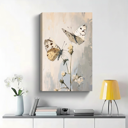 Two White Butterflies on Wildflowers Wall Art - Minimalist Textured Oil Painting Canvas Print