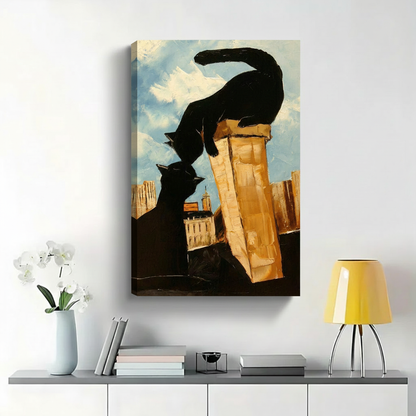 Two Black Cats Meeting on City Rooftop Wall Art - Romantic Textured Oil Painting Canvas Print