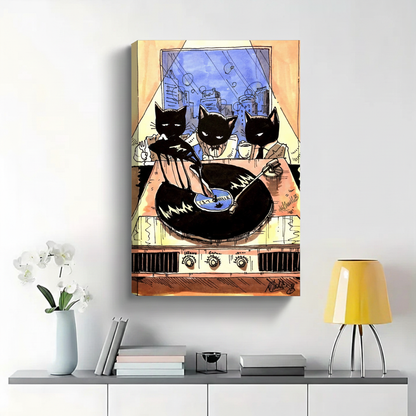 Cool Cats DJing Vinyl Record Wall Art - Jazz Cat Watercolor Canvas Print