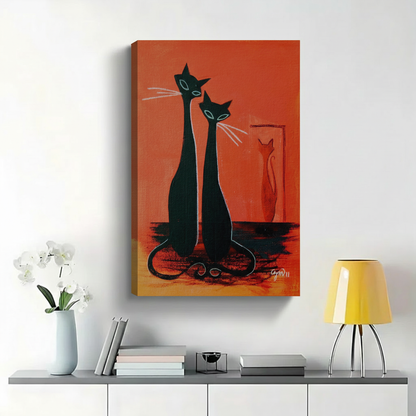 Two Sleek Black Cats with Mirror Reflection Wall Art - Mid-Century Modern Retro Canvas Print