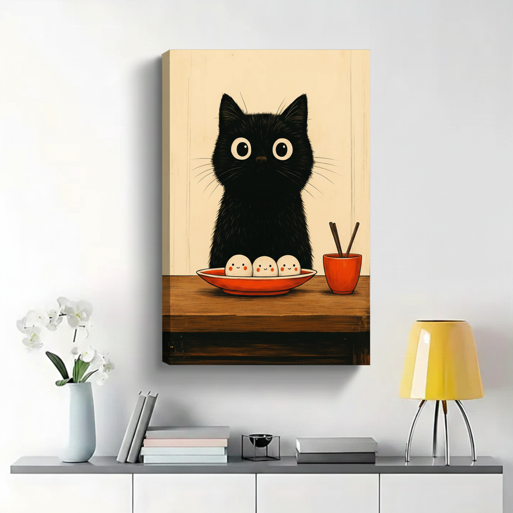 Black Cat with Smiling Dumplings Wall Art - Japanese Woodblock Style Canvas Print