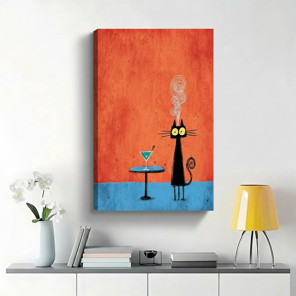 Black Cat with Martini Wall Art – Retro Mid-Century Canvas