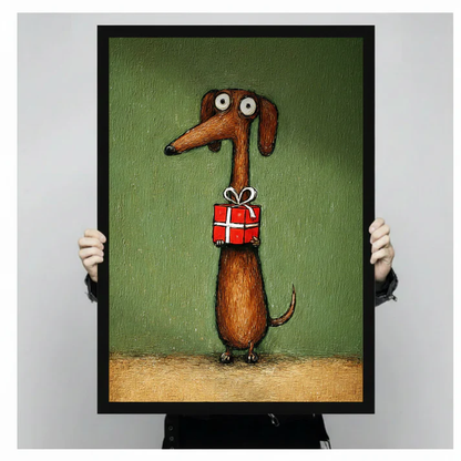 Funny Dachshund Holding Gift Canvas Wall Art