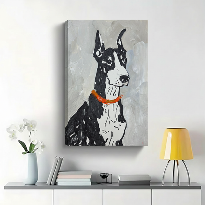 Doberman Portrait with Orange Collar Wall Art - Expressive Textured Oil Painting Canvas Print