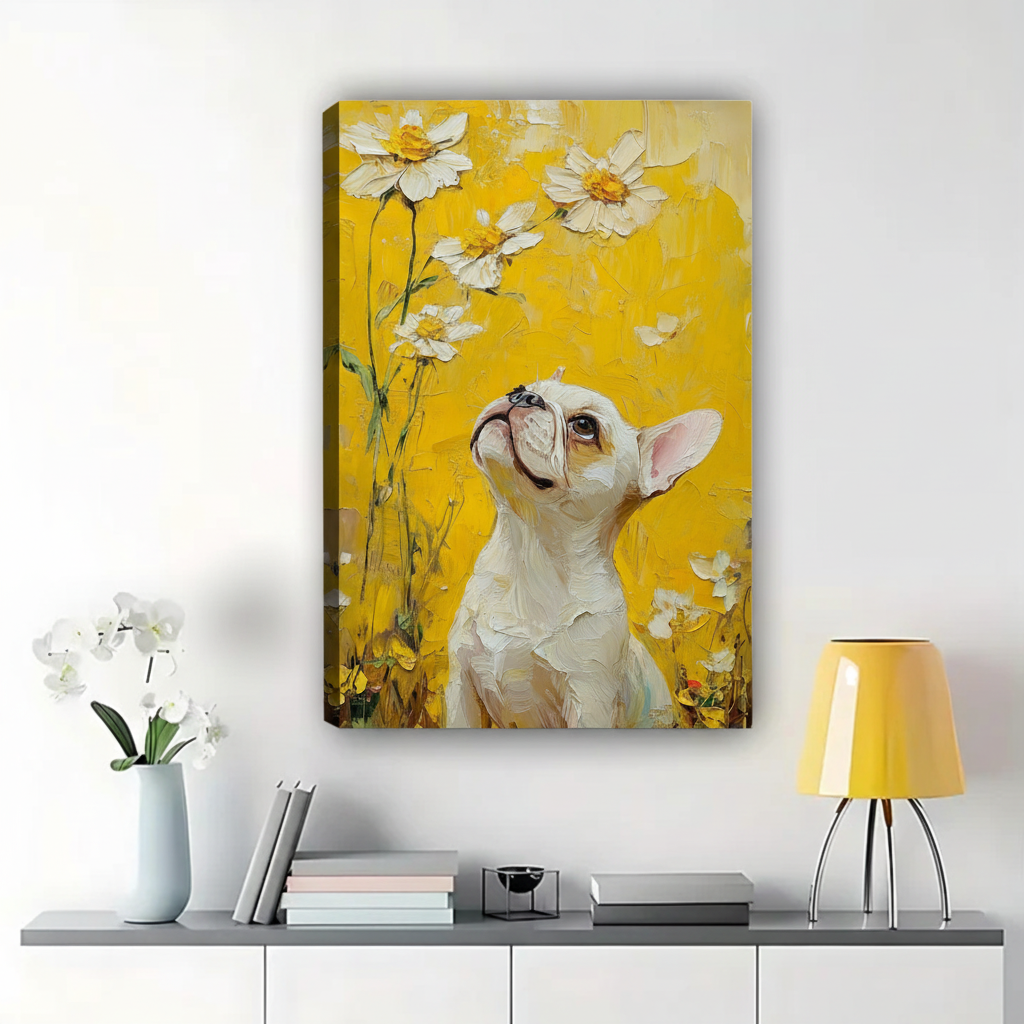 French Bulldog with Daisies Wall Art - Yellow Oil Painting Canvas Print