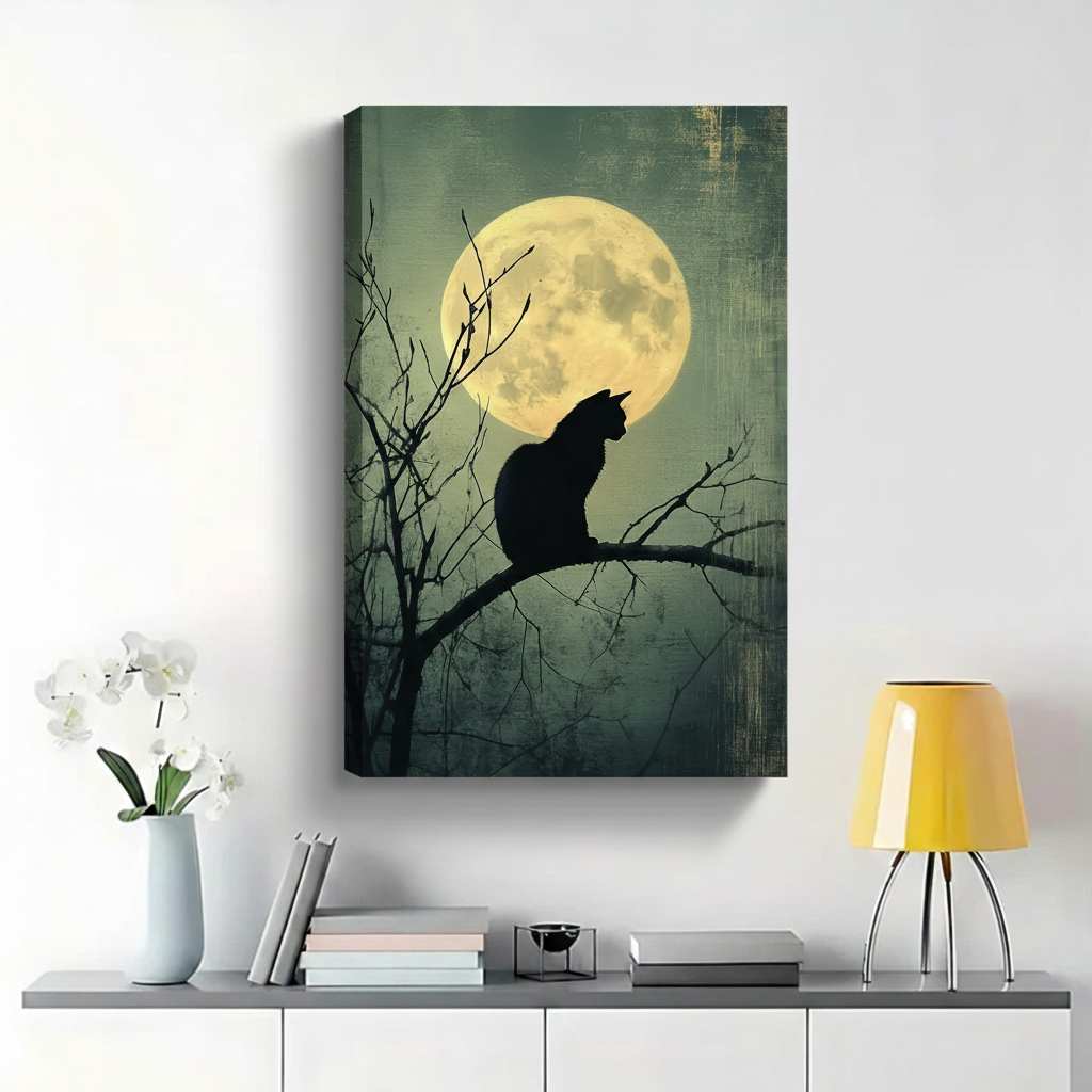 Black Cat Silhouette on Branch Under Full Moon Wall Art - Gothic Canvas Print