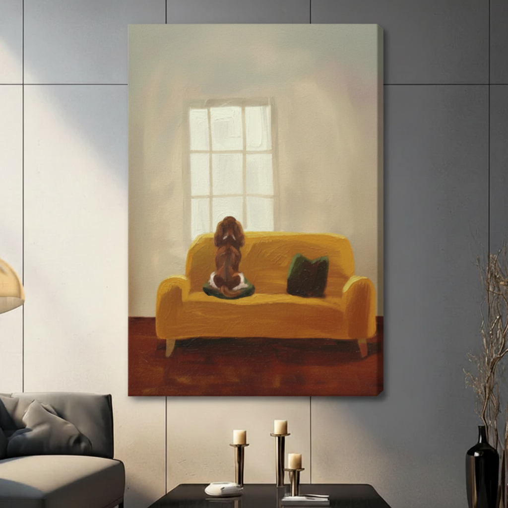 Impressionist Dog on Sofa Framed Canvas Art Wall Art