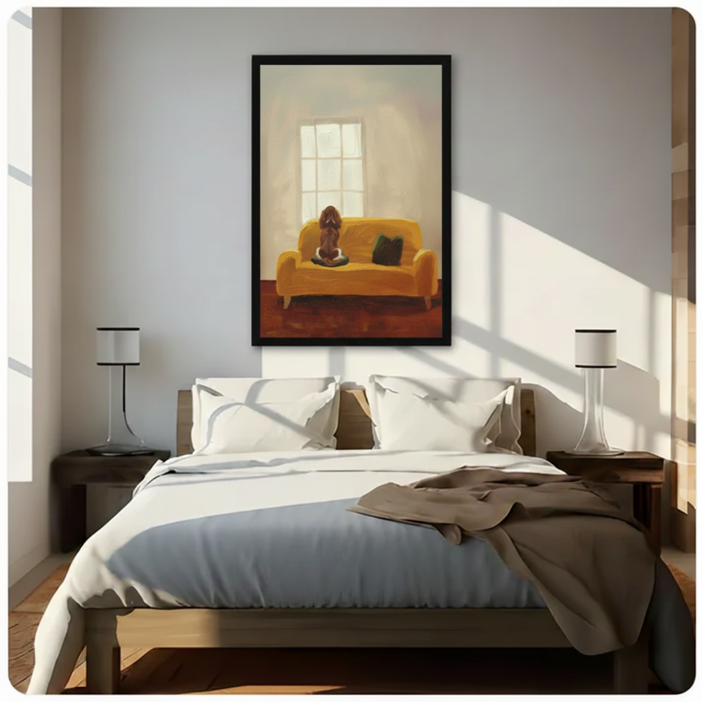 Impressionist Dog on Sofa Framed Canvas Art Wall Art